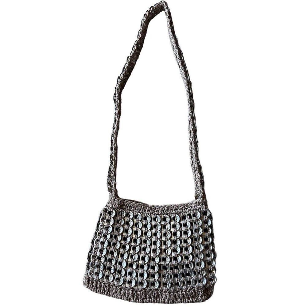 Handmade Soda Can Pull Tab Hand Bag Purse Upcycled Beige Crochet